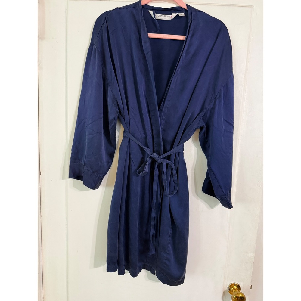 Victorias Secret Navy Blue 100% Silk Short Robe Kimono Wrap ML
